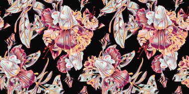 Retro Tropikal Orman Botanik motifleri rastgele dağılmış. Birçok yabani bitkinin kusursuz dokusu çiçek desenli el çizimi tarzıyla klasik renkli arka plan.