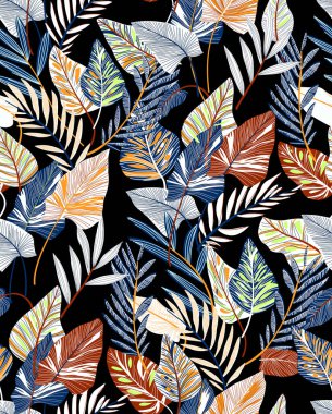 Retro Tropikal Orman Botanik motifleri rastgele dağılmış. Birçok yabani bitkinin kusursuz dokusu çiçek desenli el çizimi tarzıyla klasik renkli arka plan.