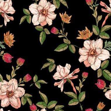 Retro Tropikal Orman Botanik motifleri rastgele dağılmış. Birçok yabani bitkinin kusursuz dokusu çiçek desenli el çizimi tarzıyla klasik renkli arka plan.