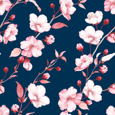 Dallarda çiçek açan sakura, koyu arkaplanda dikişsiz çiçek deseni, çiçek tekstili için suluboya illüstrasyon, duvar kağıdı veya romantik kapak.