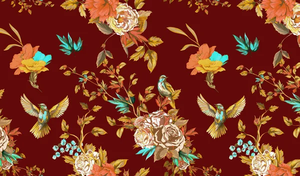 Nahtloses Muster Mit Blüten Blättern Und Schmetterlingen — Stockfoto