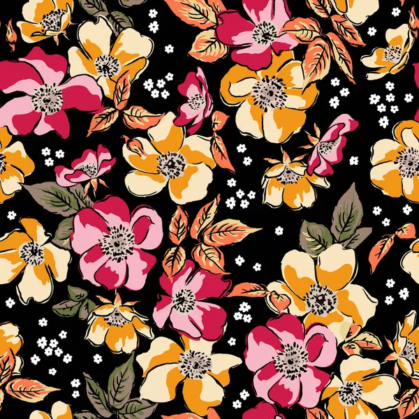 Retro Tropikal Orman Botanik motifleri rastgele dağılmış. Birçok yabani bitkinin kusursuz dokusu çiçek desenli el çizimi tarzıyla klasik renkli arka plan.