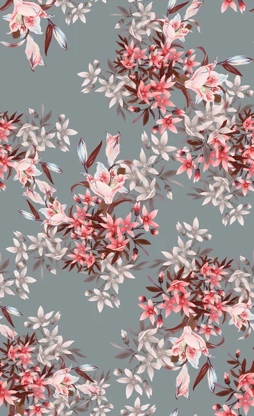 Bahar çiçekleri, renkli arka planda pembe renkler. Mayolar, elbiseler, kumaşlar, gömlekler, plaj elbiseleri için yaz tasarımı. Kusursuz çiçek deseni.