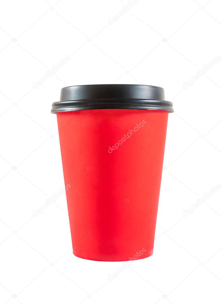 Red paper cardboard disposable cup for coffee. Isolated on white background