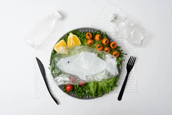 top view pollution of world ocean, fish concept, plastic fish with vegetables on plate, plastic garbage on white background