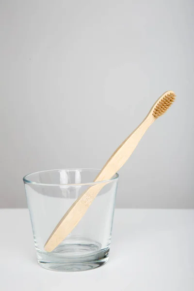 Wooden Toothbrush Eco Friendly White Background Bamboo Toothbrush Glass — Stock Photo, Image