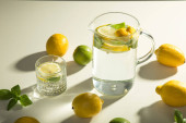 Složky pro limonádu jsou na stole: citróny, limetka, máta, cukr. Skleničku a karafu osvěžujícího letního sezónního nápoje. Dělám si doma drink..