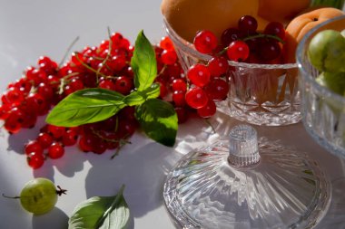 Böğürtlen, üzümler, üzümler, üzümler, limon, limon, portakal, kayısı. Mevsimlik yerel böğürtlen ve meyvelerin bir karışımı eski bir cam tabak ve bir altın antika tepside bulunur.