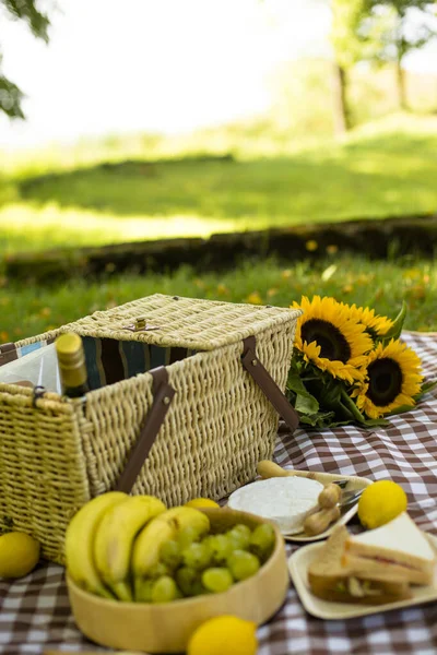 picnic in nature, close-up details, cheese and wine, sandwiches, fruit and sunflower, camembert cheese, summer and autumn picnic outside the city, plaid, flowers sunflowers