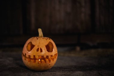 Halloween pumpkin head jack in dark barn on wooden floor. Scary background for poster of celebration of Halloween. Copy space