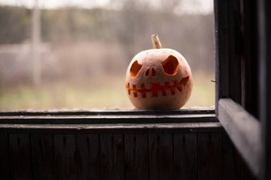 Halloween pumpkin in dark barn on wooden window. Scary background for poster of celebration of Halloween. Copy space