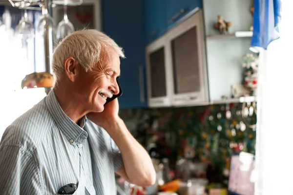 Senior Grandfather Talking Phone Window Home Elderly Man Sad Grandfather — Stock Photo, Image