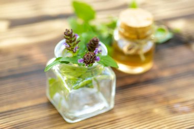 Prunella vulgaris, kendini iyileştirme, marangozun mor çiçek tentürü kurumaya, çay ve aşılamaya hazır. Kozmetik ve alternatif tıpta kullanmak için kullanışlı bir bitki.