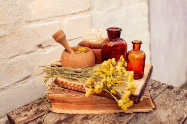 Immortelle, Curry Plant, Herb of St. John, Immortelle ve botanik olarak, havanda kurutulmuş Helichrysum arenaryumu. Ve bal peteğinde bal. Eczaneden ekolojik doğal kozmetik malzemeleri..