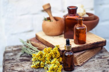 Immortelle, Curry Plant, Herb of St. John, Immortelle ve botanik olarak, Helichrysum arenyumu. Homeopati. Bitkibilimci kitabındaki eski tarifler. Doğal sağlığın ve kendine bakmanın eczacısı..