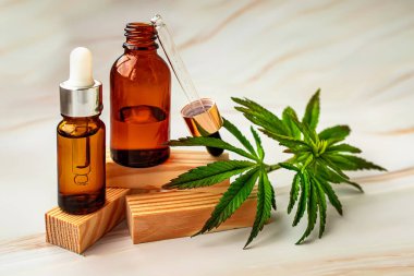 Glass bottle with herbal organic medicine CBD concentrate. Fresh hemp leaves grown on plantation Marijuana for medical or cosmetic needs. Hemp oil and Green leaves of medicinal cannabis.