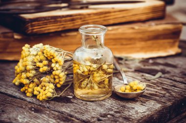 Immortelle, Curry Plant, Herb of St. John, Immortelle ve botanik olarak, Helichrysum arenarium kuru otları. Eczaneden ekolojik doğal kozmetik malzemeleri..