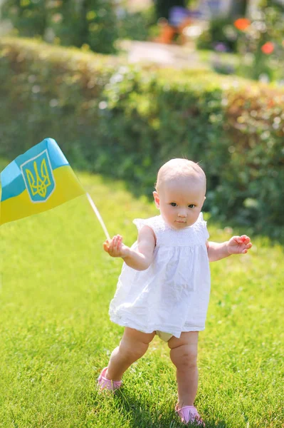 Маленька Українська Дівчинка Робить Перші Кроки Зеленому Газоні Синім Жовтим — стокове фото