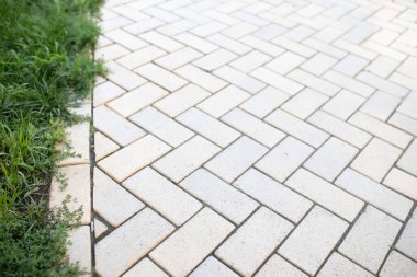 Kaldırım kenarındaki kaldırımda çimenli taş levhalar.