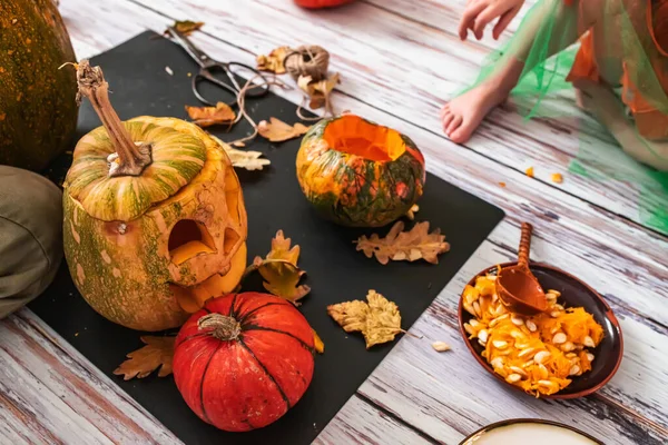 The family sits on the floor and prepares for Halloween. Children will cut out scary face on a jack-o\'-lantern. from pumpkins