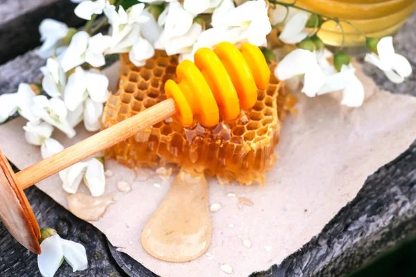 新鮮な蜂蜜のスライスが座って黄色のハニカムとボウルアカシアの花 — ストック写真