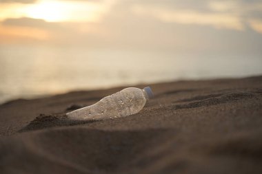 PET Plastik şişe çöpü sahil sahilinde