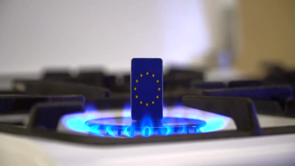 Shortage Gas Crisis Flag European Union Burning Gas Stove — Stock Video