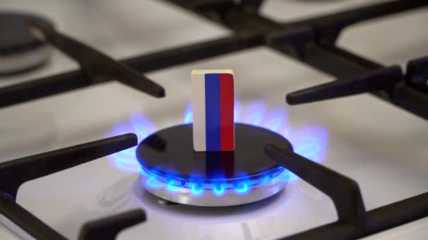 Shortage Gas Crisis Flag Russian Burning Gas Stove — Stock Video