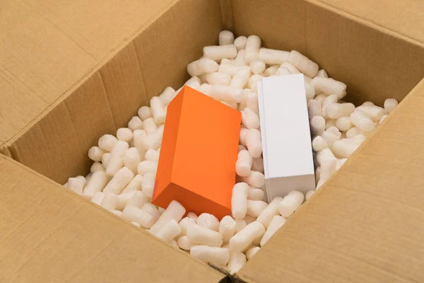 Cardboard Box Styrofoam Filler Safe Packaging Gift Package — Stock Photo, Image