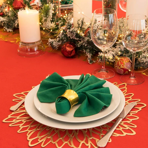 Beautiful Table Setting Christmas Decorations Red Colors — Stock Photo, Image