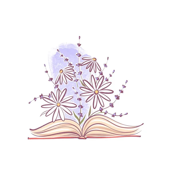 Camomila Flores Lavanda Crescendo Partir Livro — Fotografia de Stock