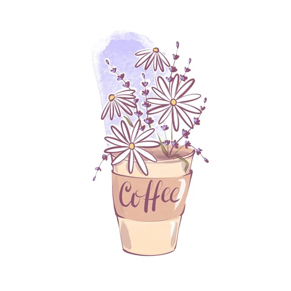 Bouquet Aus Kamillen Und Lavendelblüten Einer Kaffee Tasse — Stockfoto