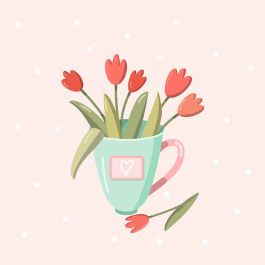 Çay fincanındaki kırmızı bahar laleleri dekorasyon için izole edilmiş vektör nesneleri, kartlar.