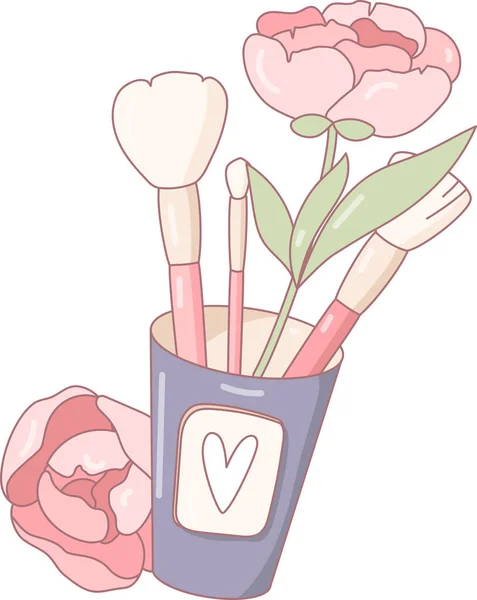 Flores Peonía Pinceles Maquillaje Para Diseño Decoración Tarjetas Objeto Vector — Vector de stock