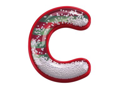 Beyaz arka planda sahte karla dolu C harfi, Noel konsepti 