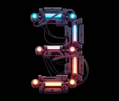 Fütürist metal yazı tipi. Işık neonu. 3 numara. 3d oluşturma