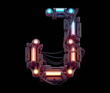 Fütürist metal yazı tipi. Işık neonu. J harfi. 3d oluşturma