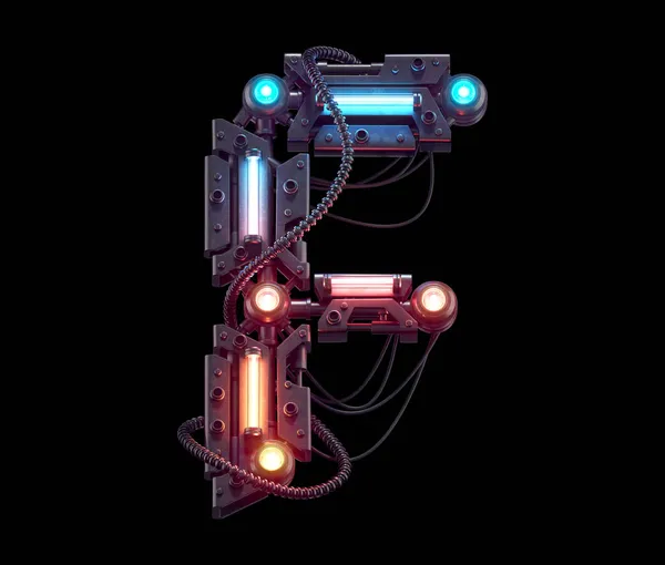 Fütürist metal yazı tipi. Işık neonu. F harfi 3D görüntüleme