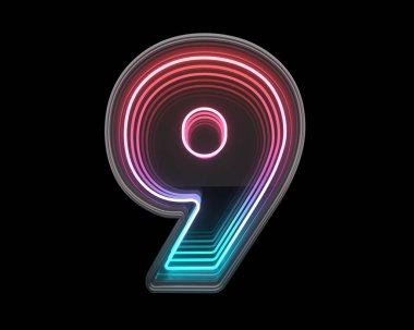9 numara. Fütürist metal yazı tipi. Işık neonu. 3d oluşturma
