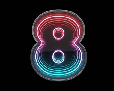 8 numara. Fütürist metal yazı tipi. Işık neonu. 3d oluşturma