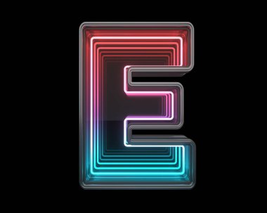 E harfi. Fütürist metal yazı tipi. Işık neonu. 3d oluşturma
