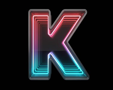 K harfi. Fütürist metal yazı tipi. Işık neonu. 3d oluşturma