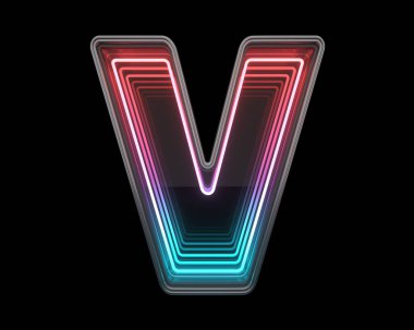V harfi. Fütürist metal yazı tipi. Işık neonu. 3d oluşturma