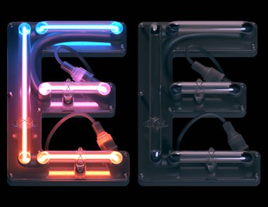 E harfi. Fütürist metal yazı tipi. Işık neonu. 3d oluşturma