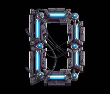 D harfi. Fütürist metal yazı tipi. Işık neonu. 3d oluşturma