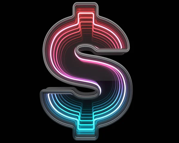 Dolar Futuristické Kovové Písmo Světlý Neon Vykreslování — Stock fotografie