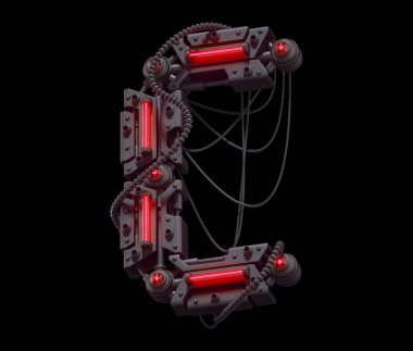 C harfi. Fütürist metal yazı tipi. Işık neonu. 3d oluşturma