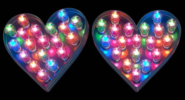 Corações Lâmpadas Coloridas Fundo Preto — Fotografia de Stock
