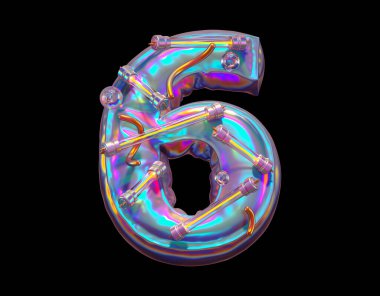 Gelecekçi holografik yazı tipi. Ultraviyole ve sarı neon. 6 numara. 3d oluşturma