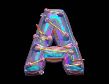 Gelecekçi holografik yazı tipi. Ultraviyole ve sarı neon. A harfi. 3d oluşturma